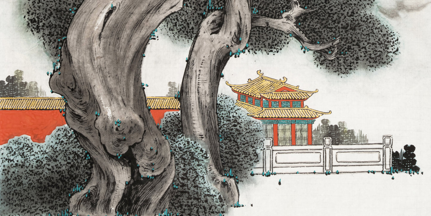 中國近現代書畫名家宋兆欽教授,大紅袍畫冊經典款,玄關畫,手繪真跡,收藏品,藝術品,工筆畫,柏樹,將軍柏
