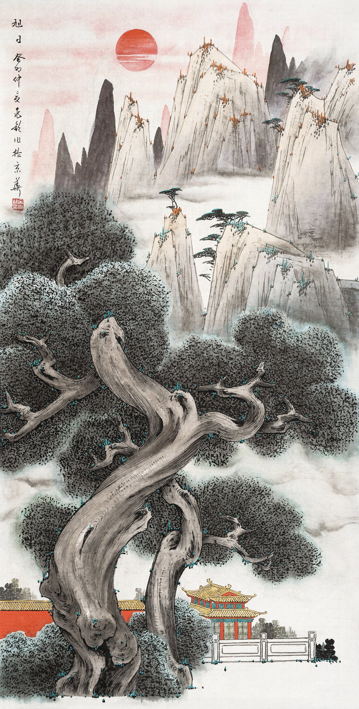 中國近現代書畫名家宋兆欽教授,大紅袍畫冊經典款,玄關畫,手繪真跡,收藏品,藝術品,工筆畫,柏樹,將軍柏