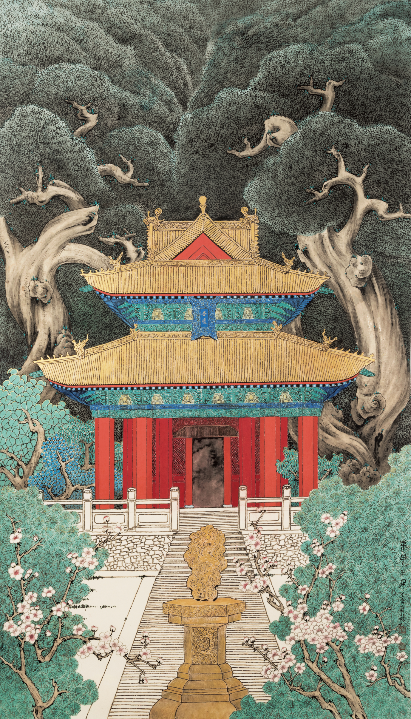 中國近現代書畫名家宋兆欽教授,大紅袍畫冊經典款,玄關畫,手繪真跡,收藏品,藝術品,工筆畫,柏樹,將軍柏