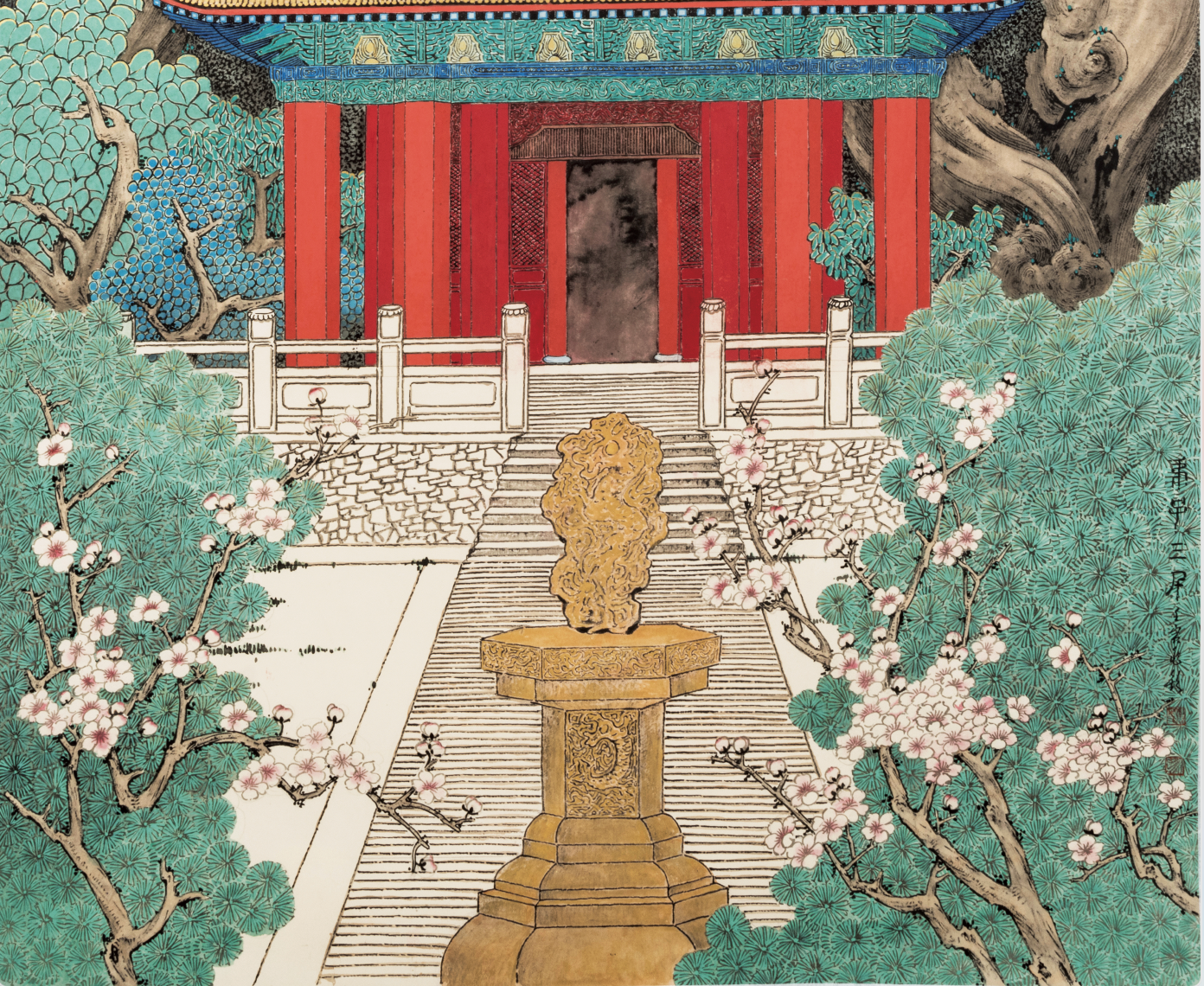 中國近現代書畫名家宋兆欽教授,大紅袍畫冊經典款,玄關畫,手繪真跡,收藏品,藝術品,工筆畫,柏樹,將軍柏