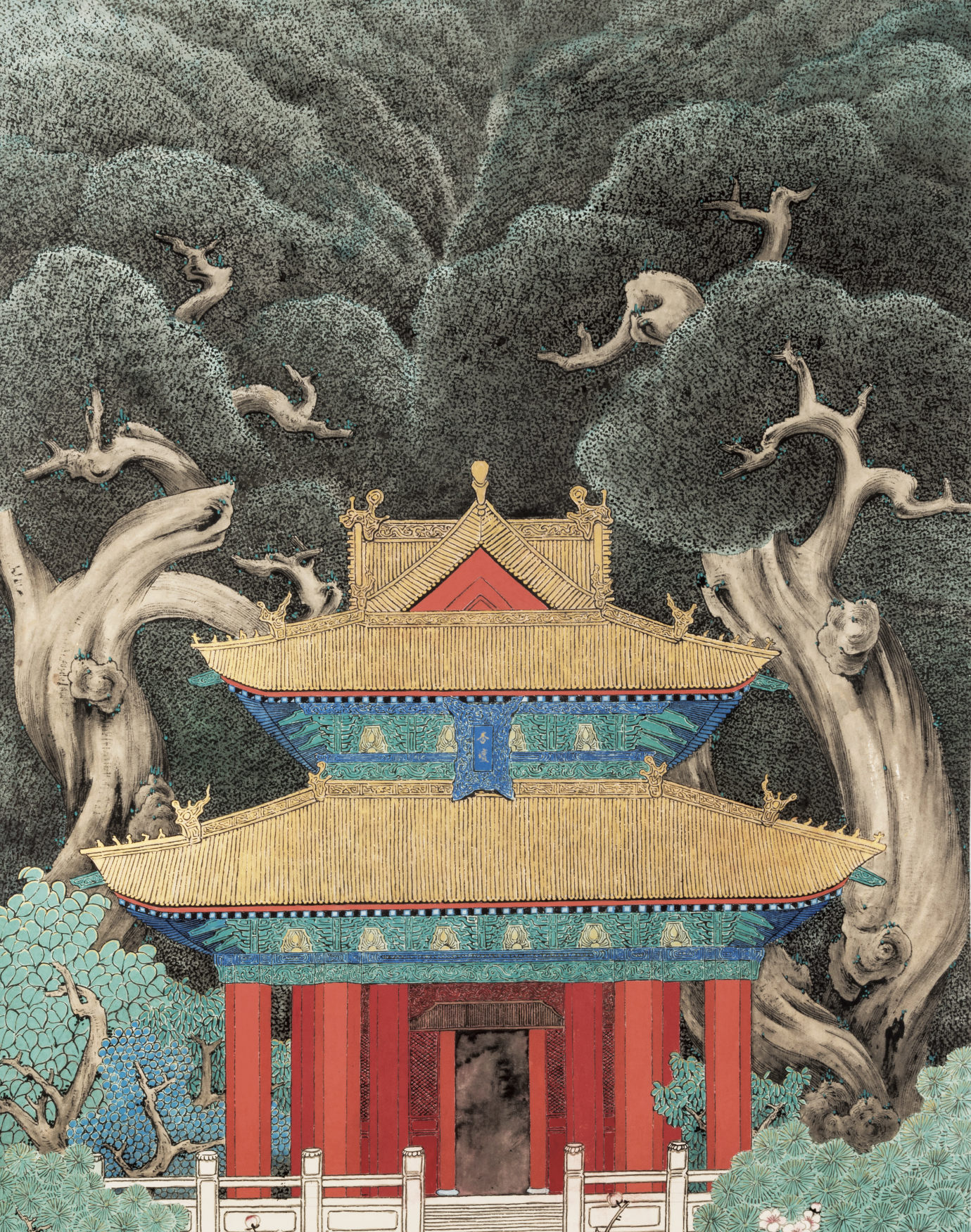 中國近現代書畫名家宋兆欽教授,大紅袍畫冊經典款,玄關畫,手繪真跡,收藏品,藝術品,工筆畫,柏樹,將軍柏